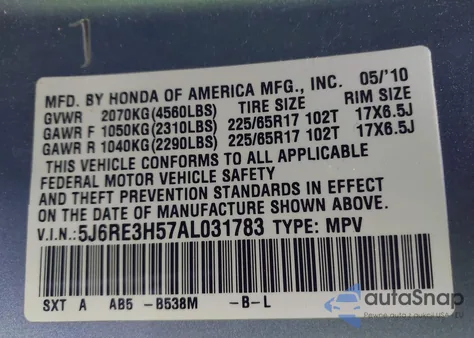 2010 Honda Cr-V Ex from USA, damaged, VIN 5J6RE3H57AL031783